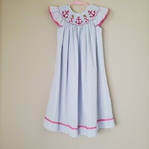 Banana Split Girls Smocked Seersucker Dress Size 5 Blue Pink Nautical Classic